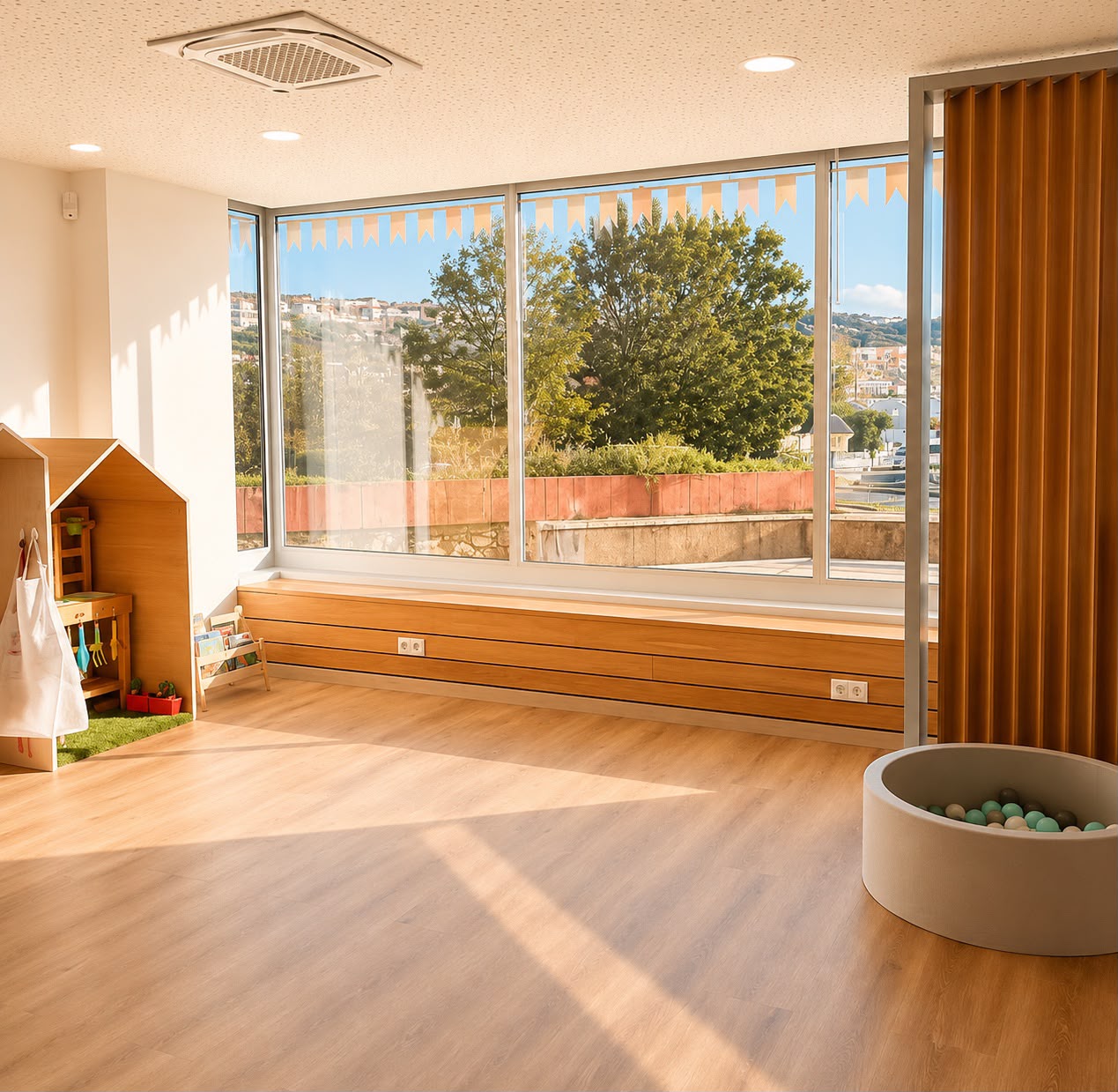 Janela panorâmica com luz natural e piscina de bolas