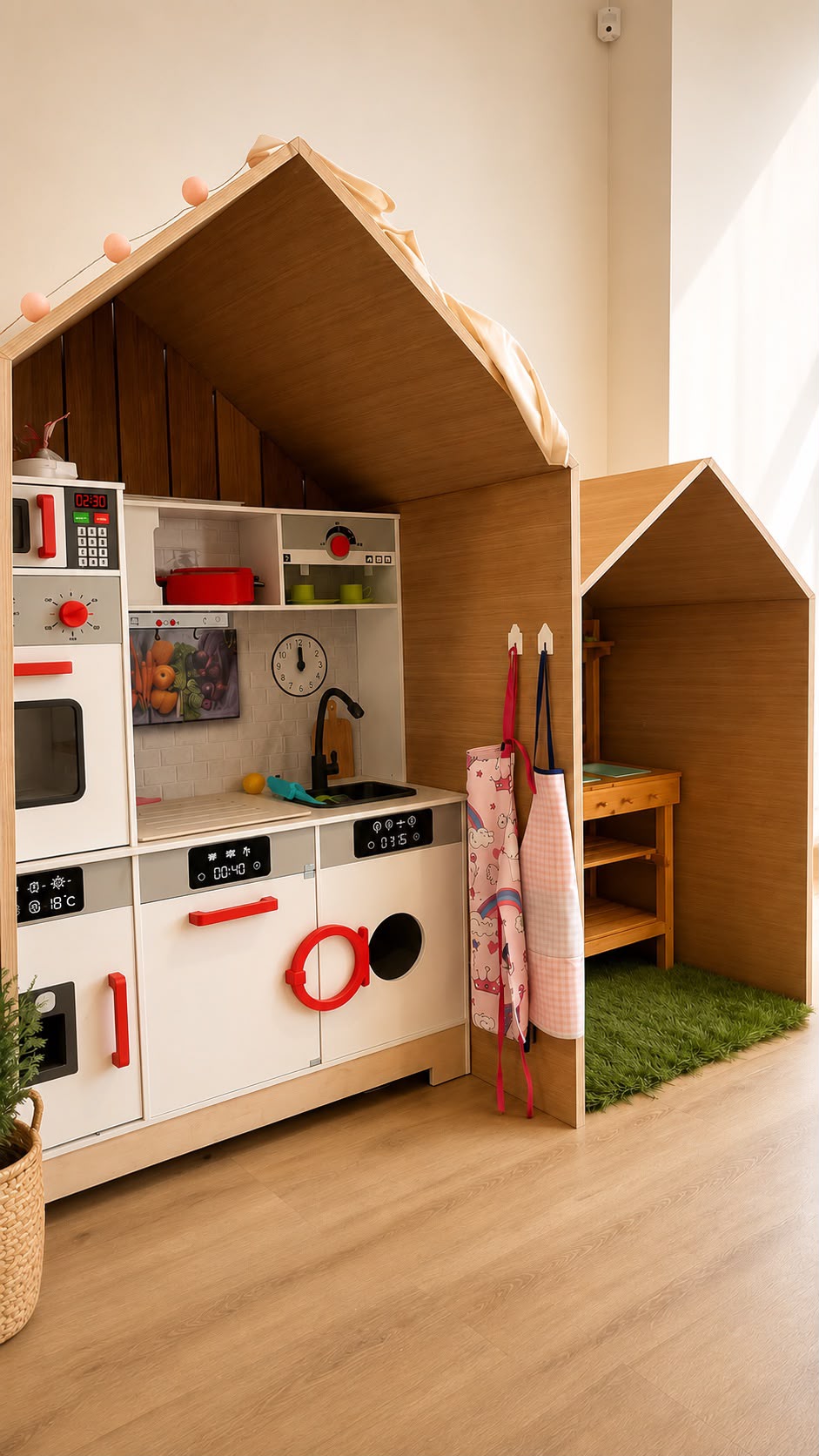 Detalhe da casinha de madeira com cozinha de brincar
